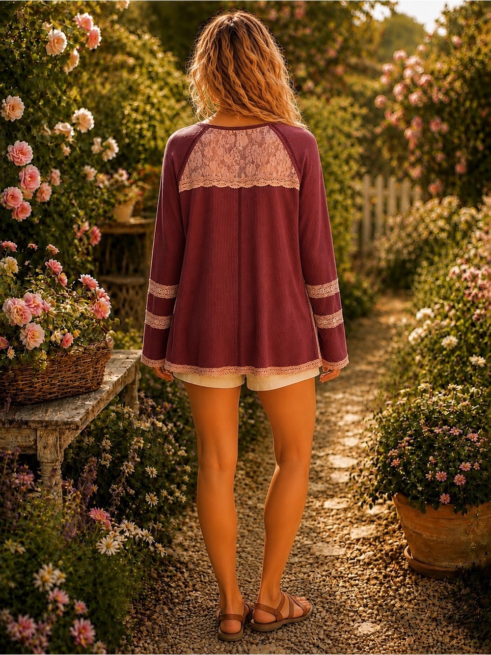 🌸POL Burgundy Long Sleeve Lace Trim Henley Top Large P004 - Picture 2 of 6